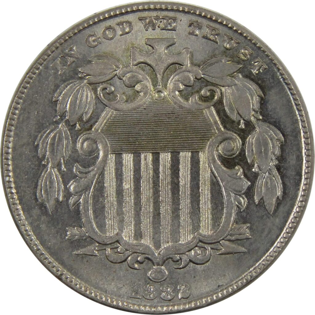 Obverse: 1882 Shield Nickel BU Choice Uncirculated 5c Coin